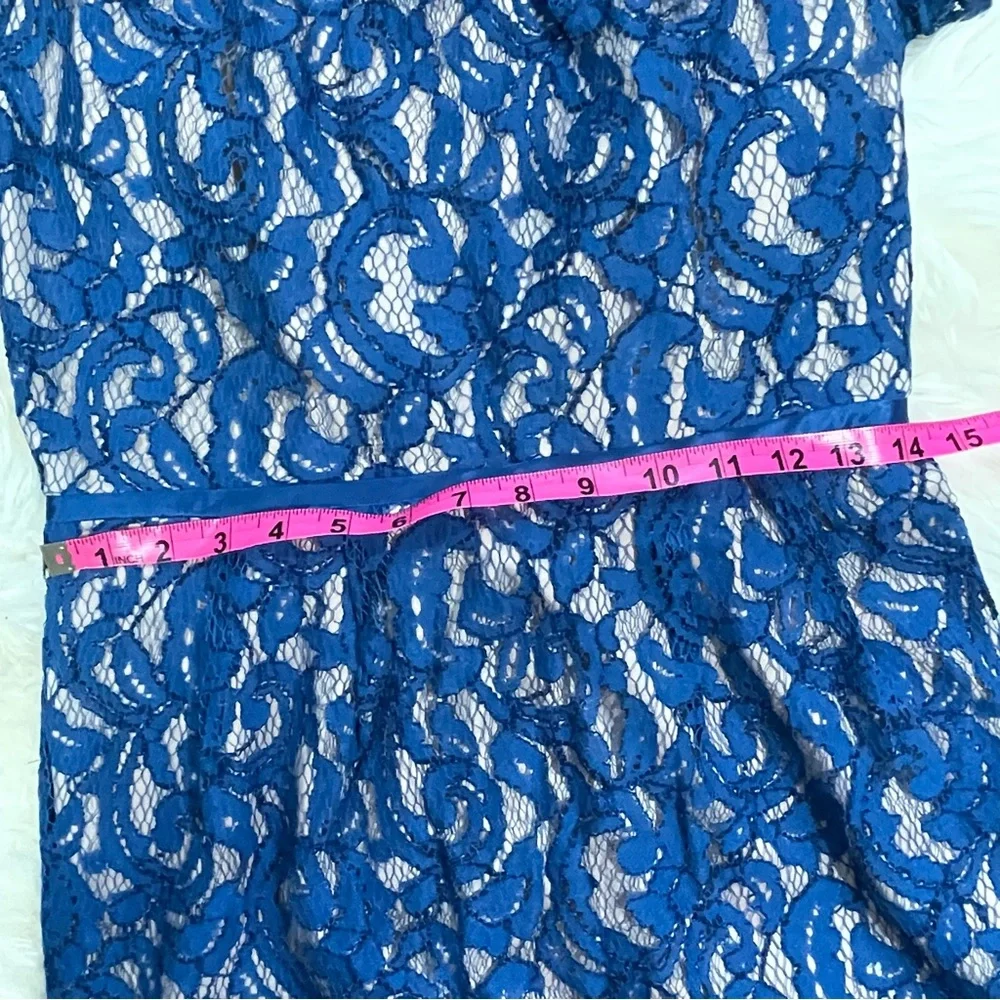 Short sleeve blue over beige lace dress - 6 - Picture 6 of 9